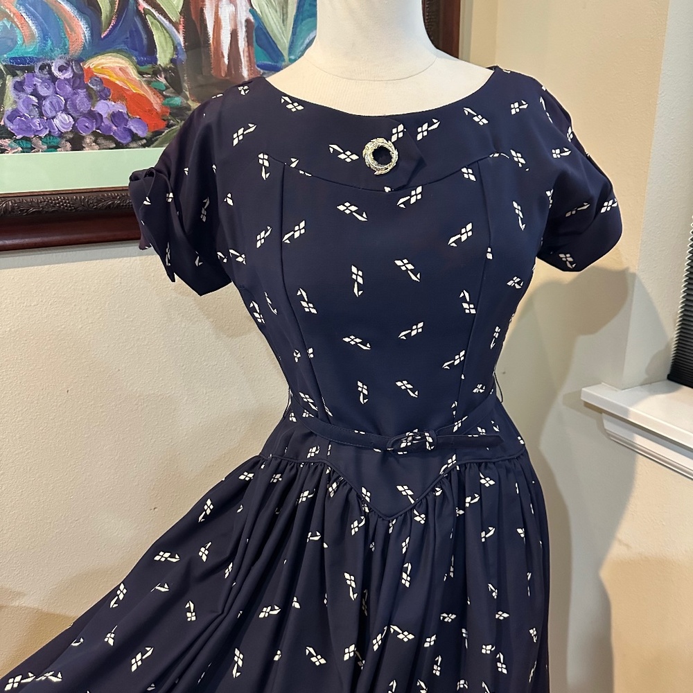 Navy Print  Midi Dress w/ Dropped Waist - 1950s - Mrs. Maisel Style - M